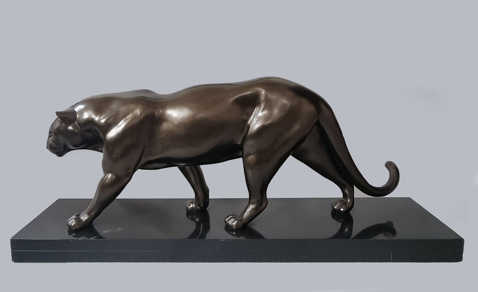 Large French Art Deco Sculpture Of A Spelter Panther Set On A Black Marble Base