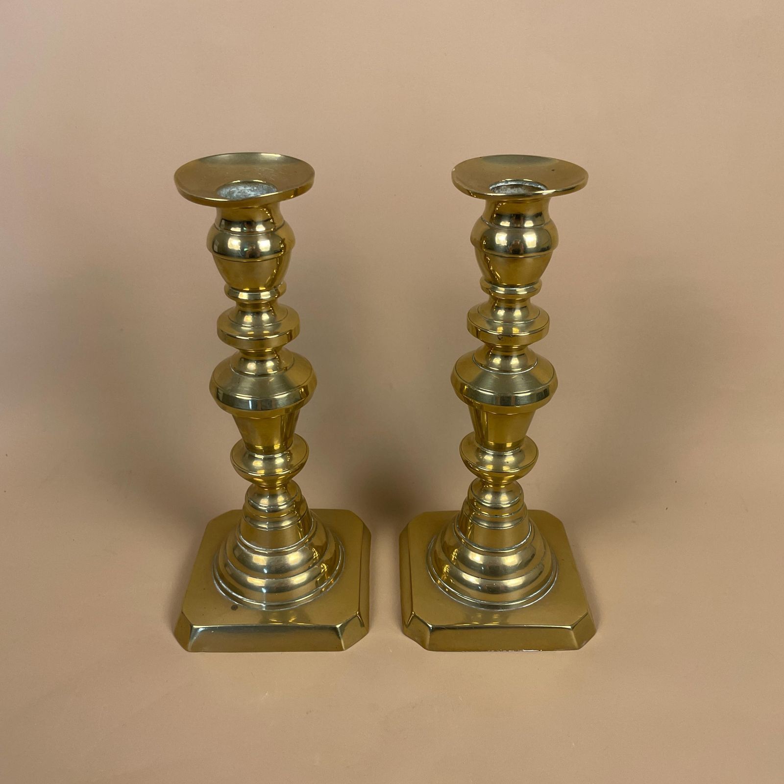 Antique Matching Pair Of Gold Brass Metal Candlestick Candle Stick Vintage Column Taper Dinner Candlesticks Square Base Column