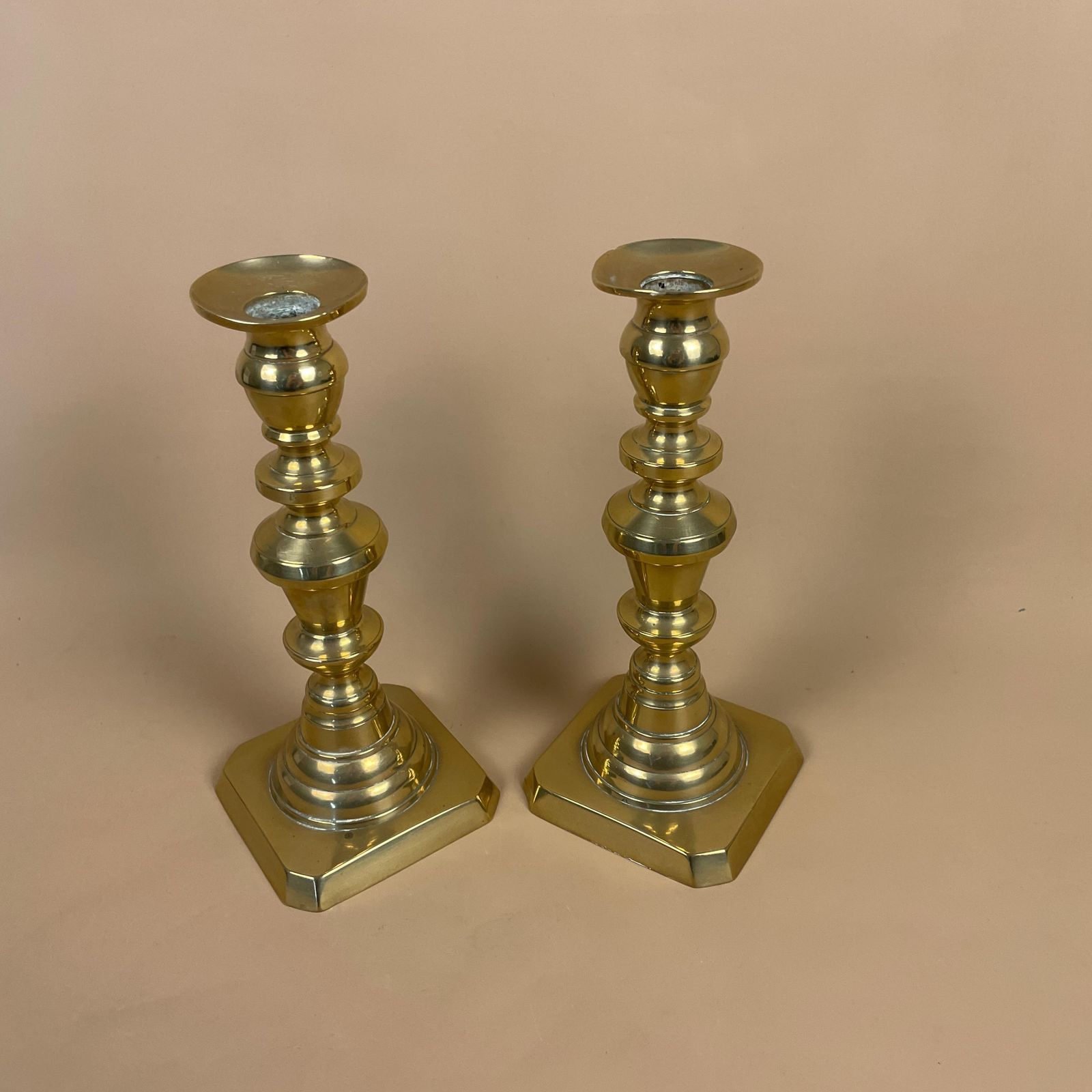 Antique Matching Pair Of Gold Brass Metal Candlestick Candle Stick Vintage Column Taper Dinner Candlesticks Square Base Column photo 55.0