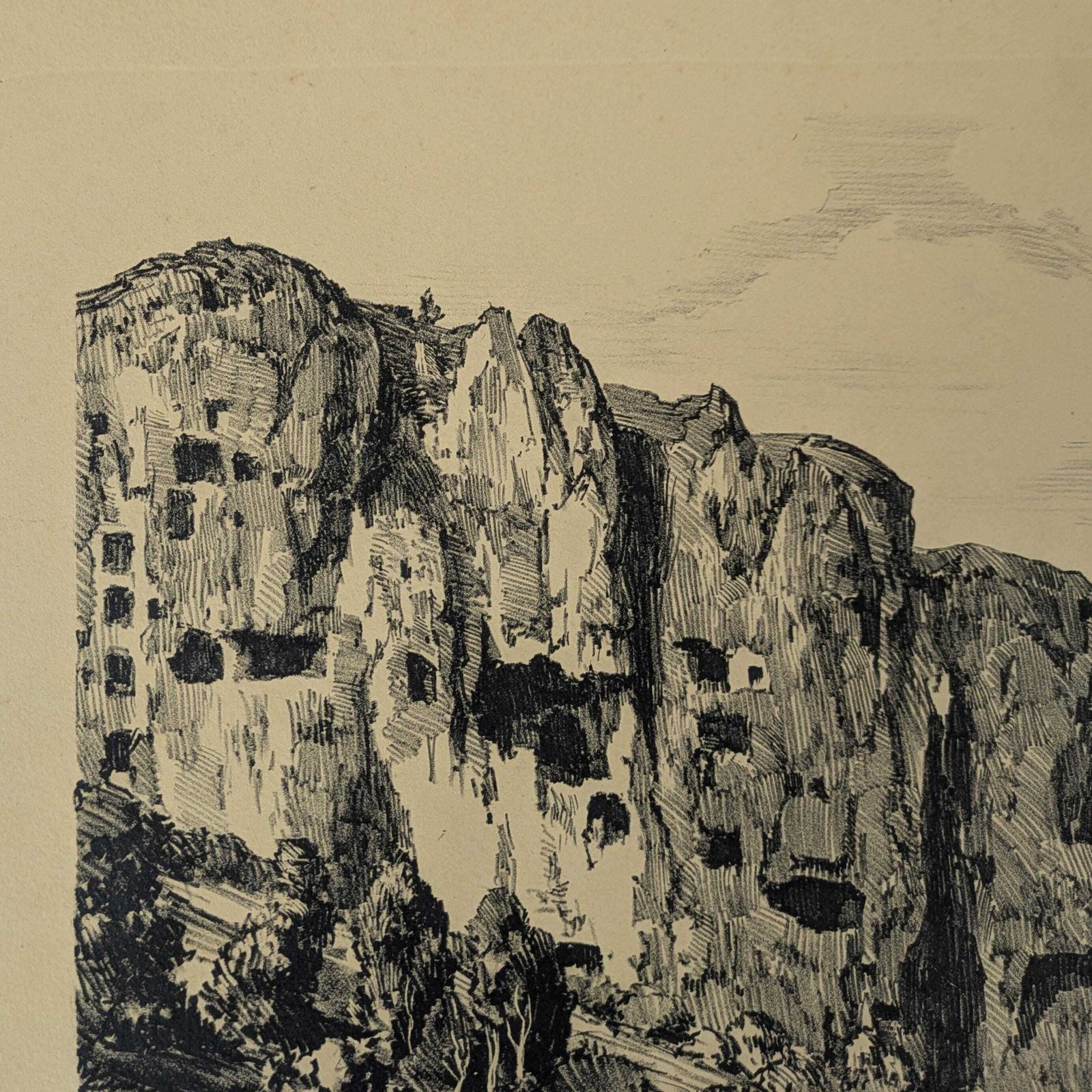 Antique Julien Lacaze Engraving Of Exterior Of The Jonas Caves France, Signed French Art Print photo furniture