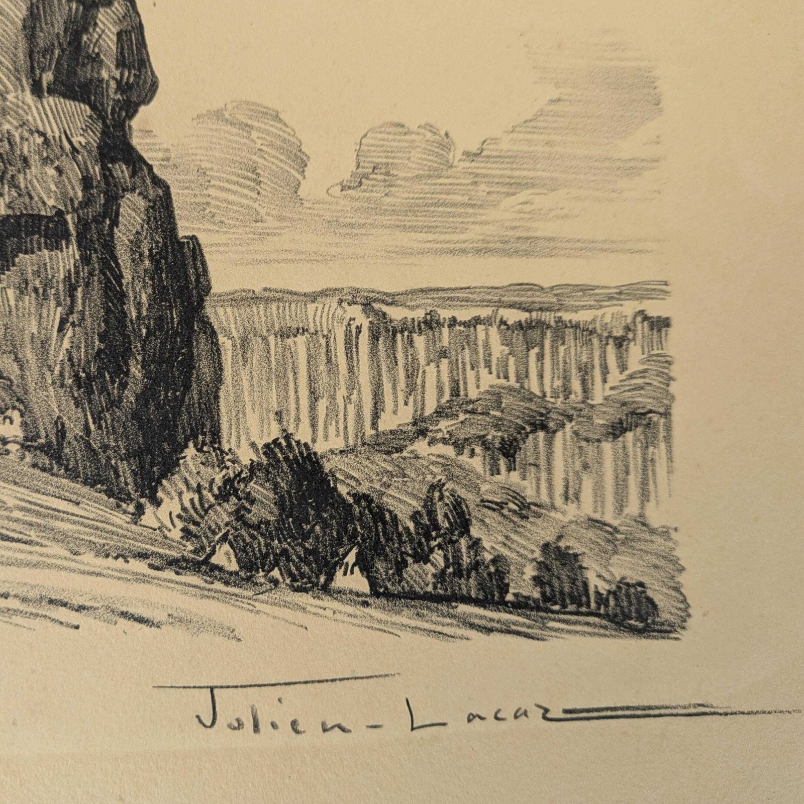 Antique Julien Lacaze Engraving Of Exterior Of The Jonas Caves France, Signed French Art Print photo vintage