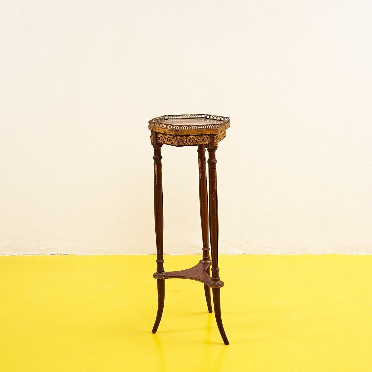 French 1940s Wooden Brass And Marble Vase Stand Table