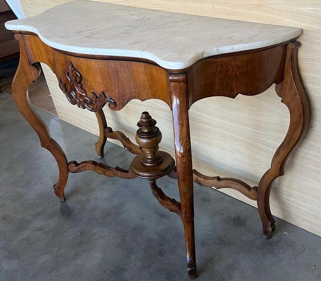 French Regency Console Table In Carved Walnut With Drawer And Marble Top photo for sale