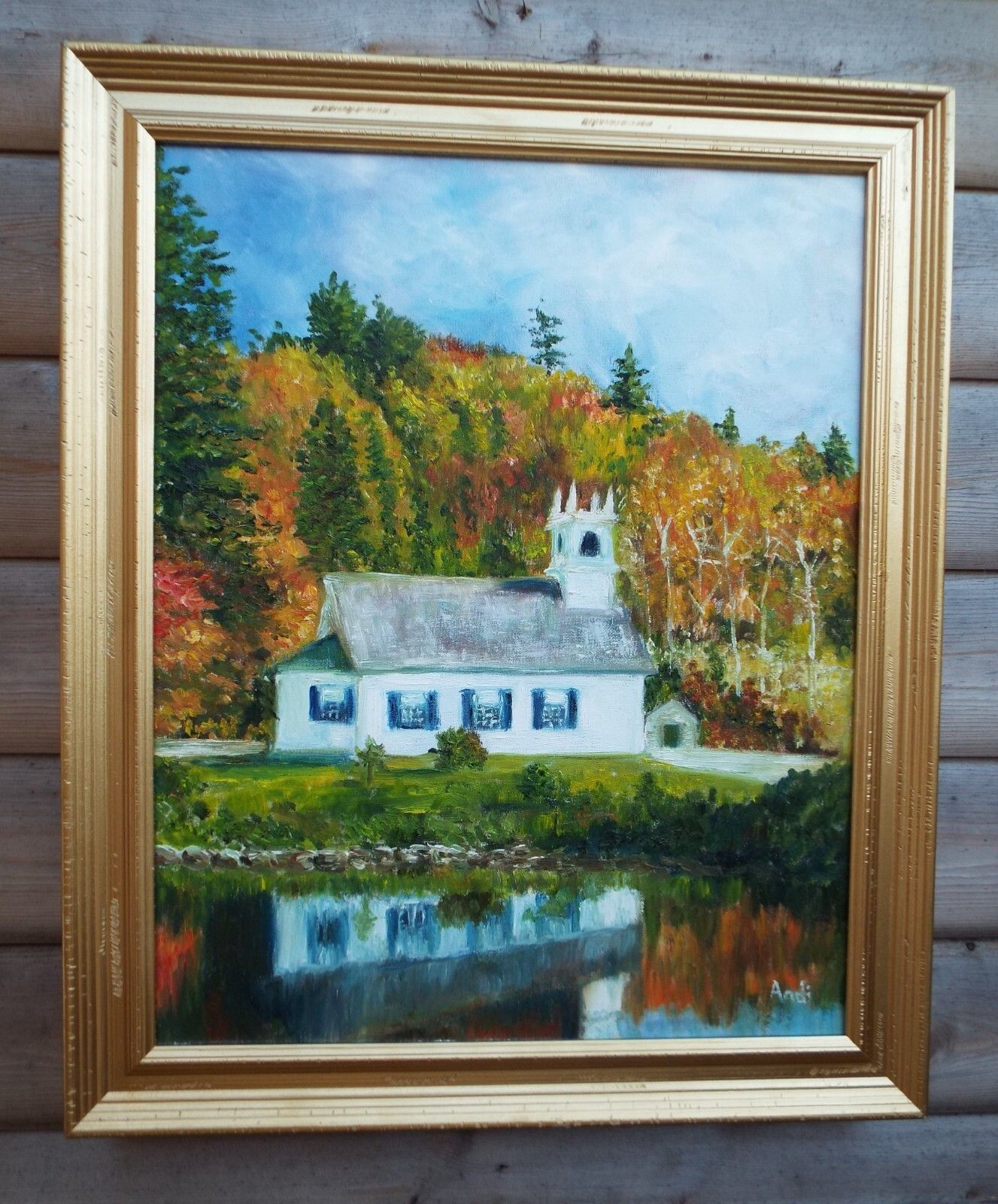 Vermont Church Autumn Forest Landscape Oil Painting Signed Framed Andi J Lucas photo vinterior