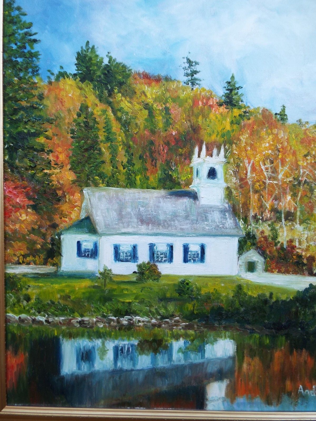 photo furniture Vermont Church Autumn Forest Landscape Oil Painting Signed Framed Andi J Lucas