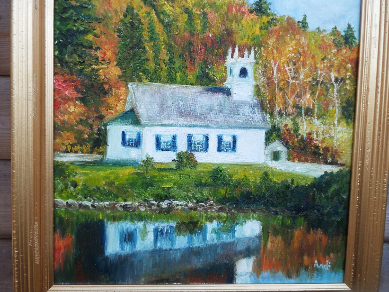 photo for sale Vermont Church Autumn Forest Landscape Oil Painting Signed Framed Andi J Lucas