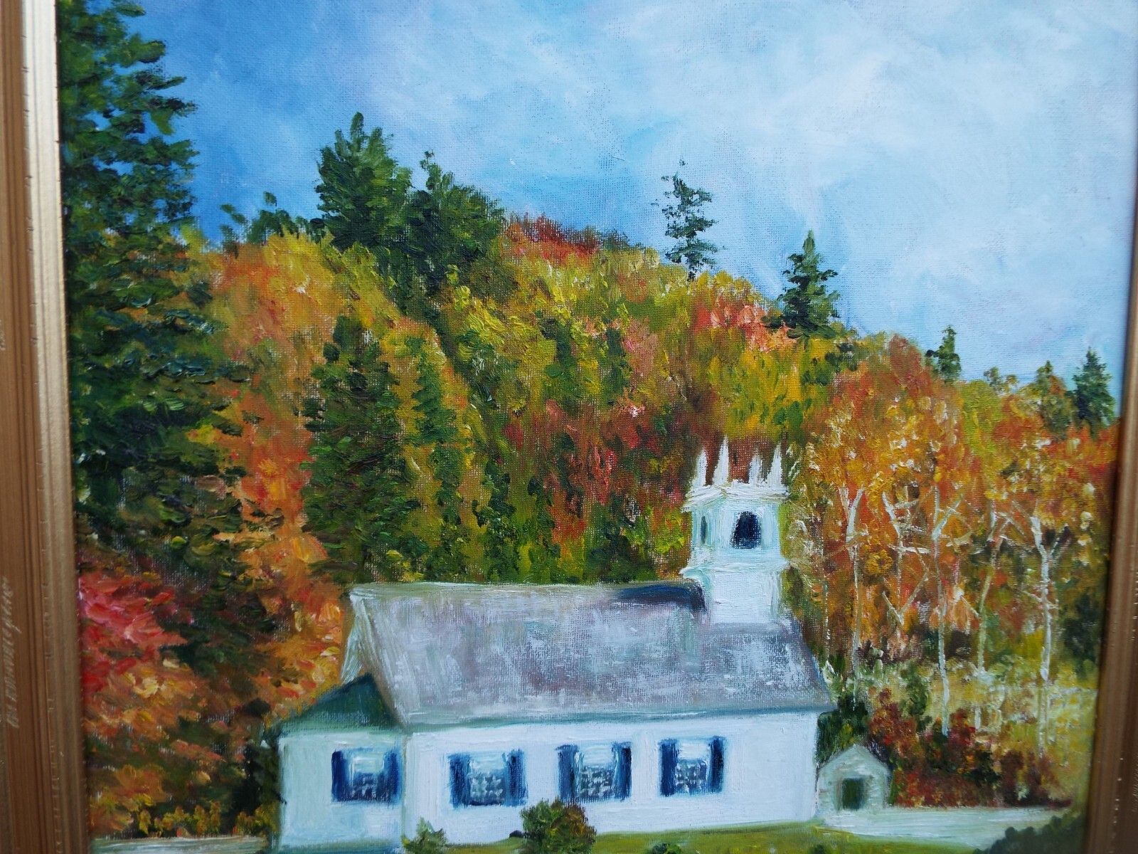 Art Vermont Church Autumn Forest Landscape Oil Painting Signed Framed Andi J Lucas photo