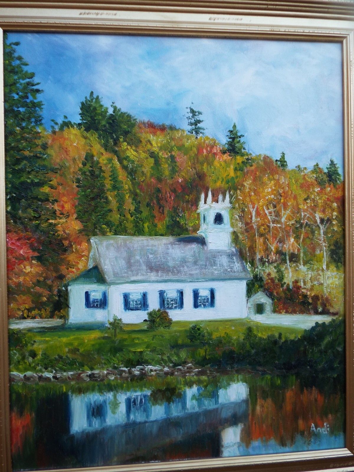 390.0 Vermont Church Autumn Forest Landscape Oil Painting Signed Framed Andi J Lucas photo