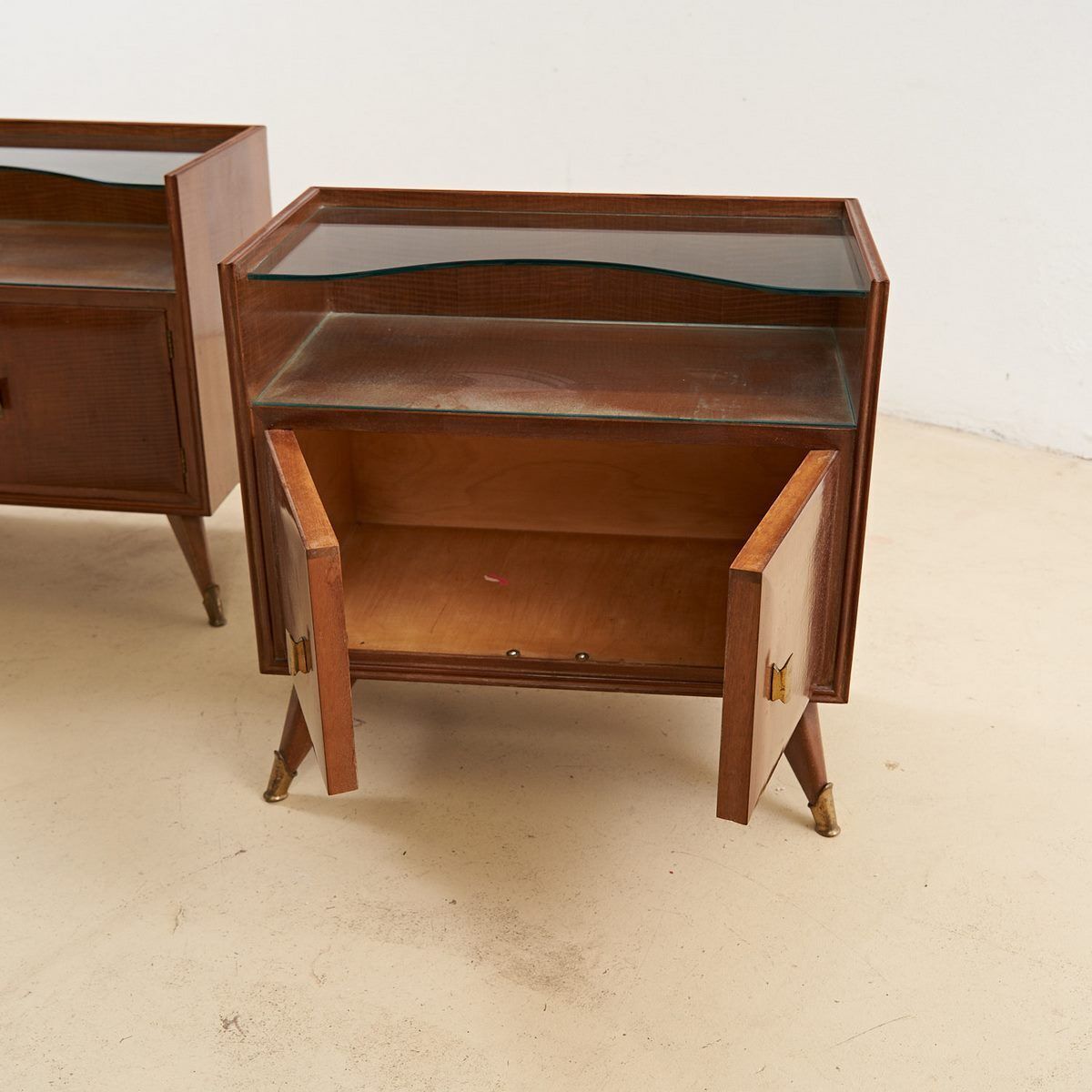 Pair Of Wooden Bedside Tables With Glass Shelf From The 50s photo Furniture
