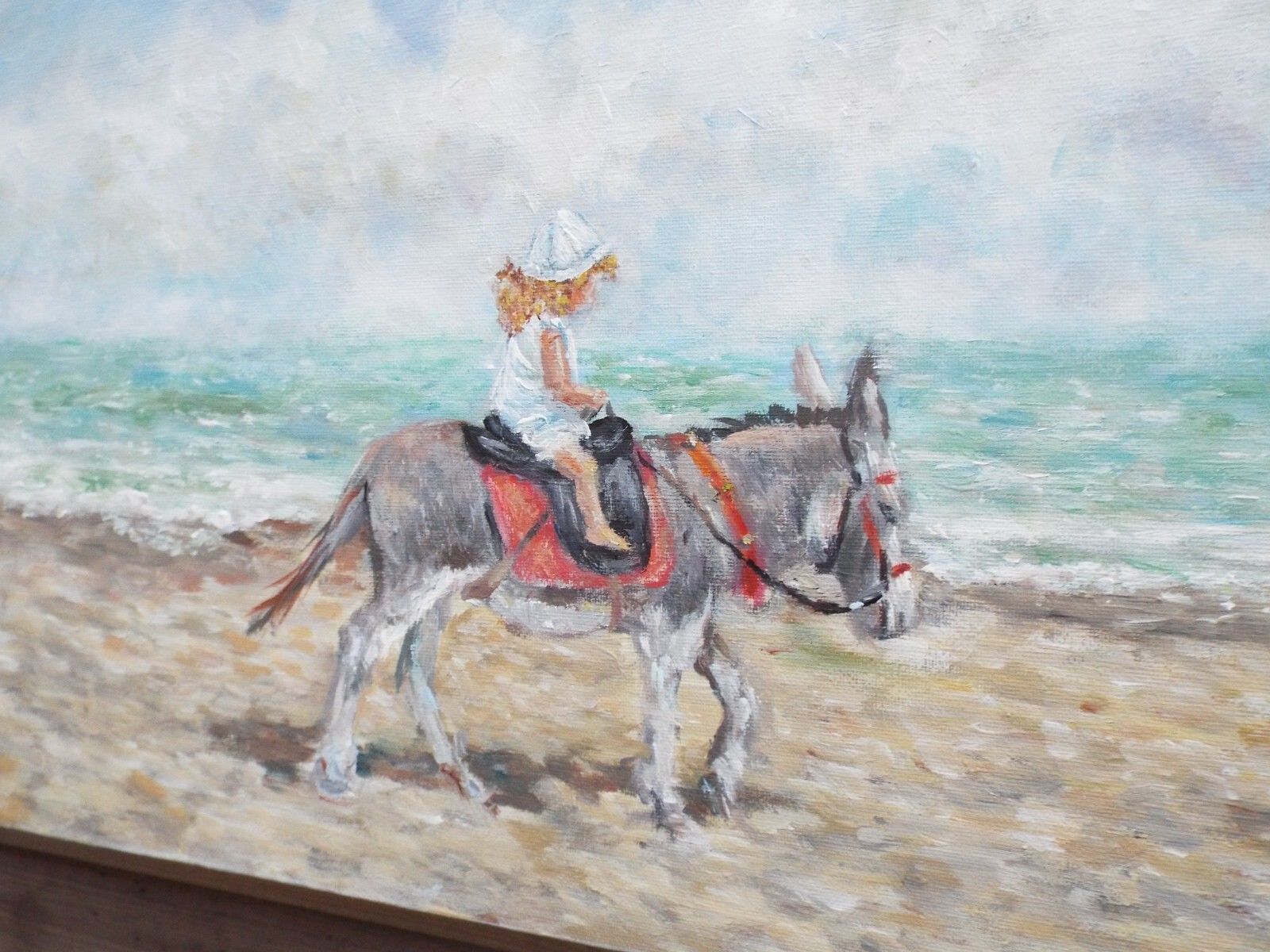 Original Signed Painting Donkey & Child On Beach Seascape  30x80cm Andi J Lucas photo vinterior