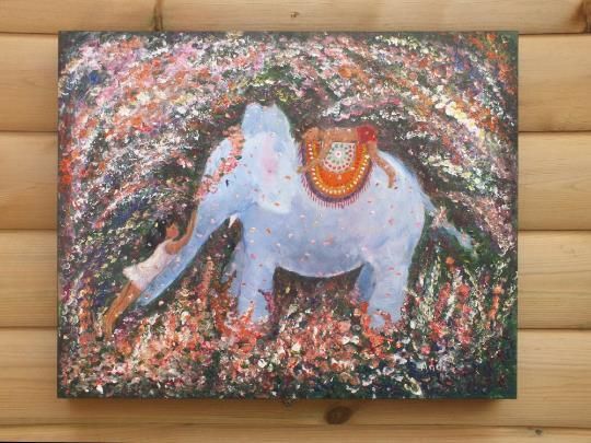 Cute Indian Elephant And Children Playing Large Original Painting Andi J Lucas photo vintage