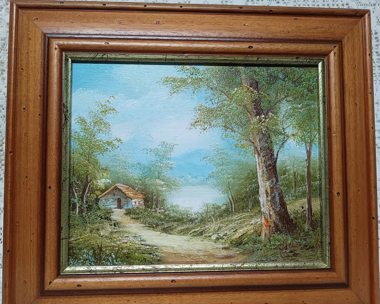 Decorative Oil Painting Mountain Lakeside Cabin Vista Framed In Wooden Frame. photo 65.0