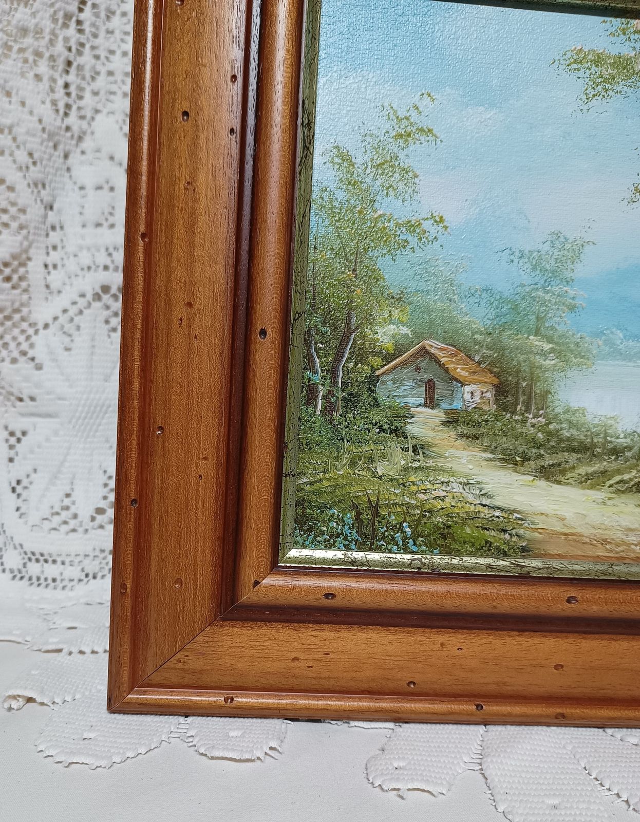 Decorative Oil Painting Mountain Lakeside Cabin Vista Framed In Wooden Frame. photo vinterior