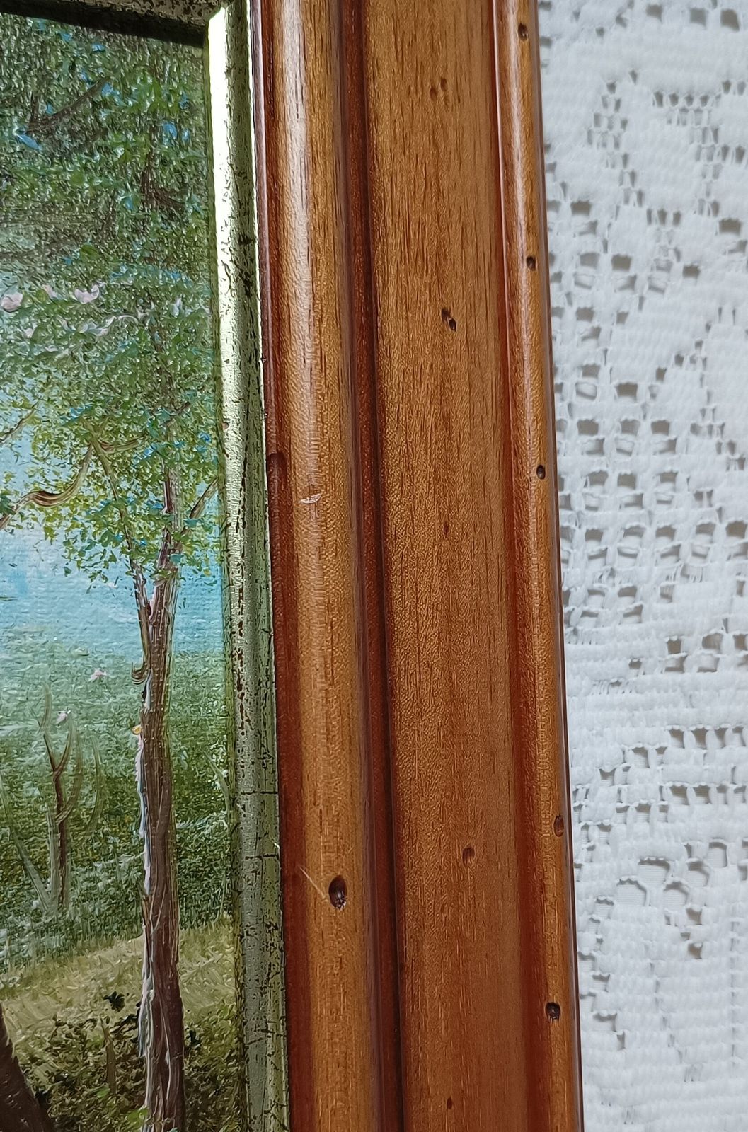 Decorative Oil Painting Mountain Lakeside Cabin Vista Framed In Wooden Frame. photo vintage