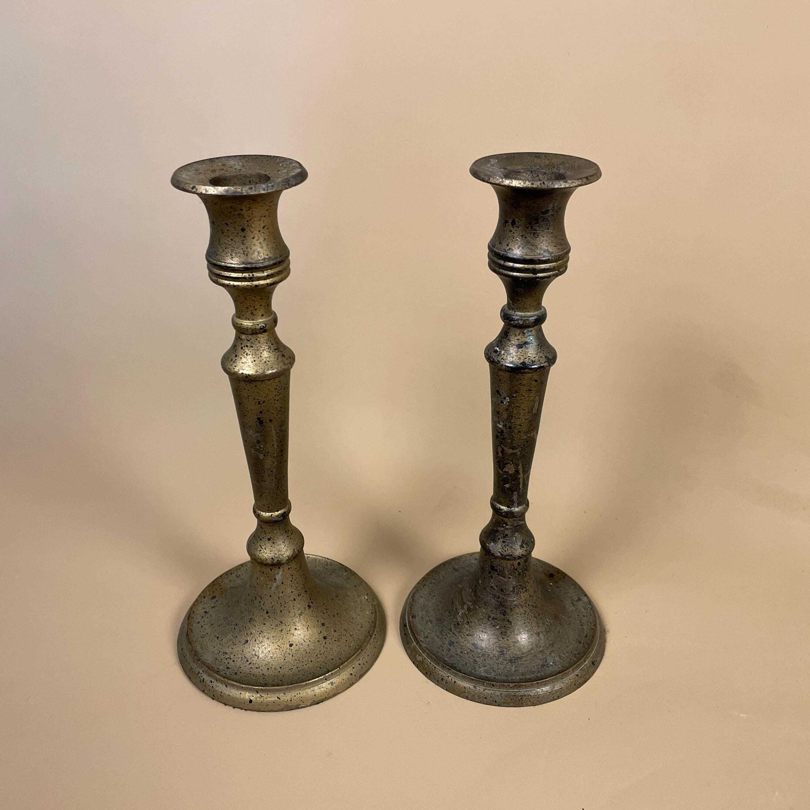 Antique Pair Of Gold Brass Metal Painted Black Speckled Effect Candlestick Candle Stick Vintage Column Taper Dinner Candlesticks Table