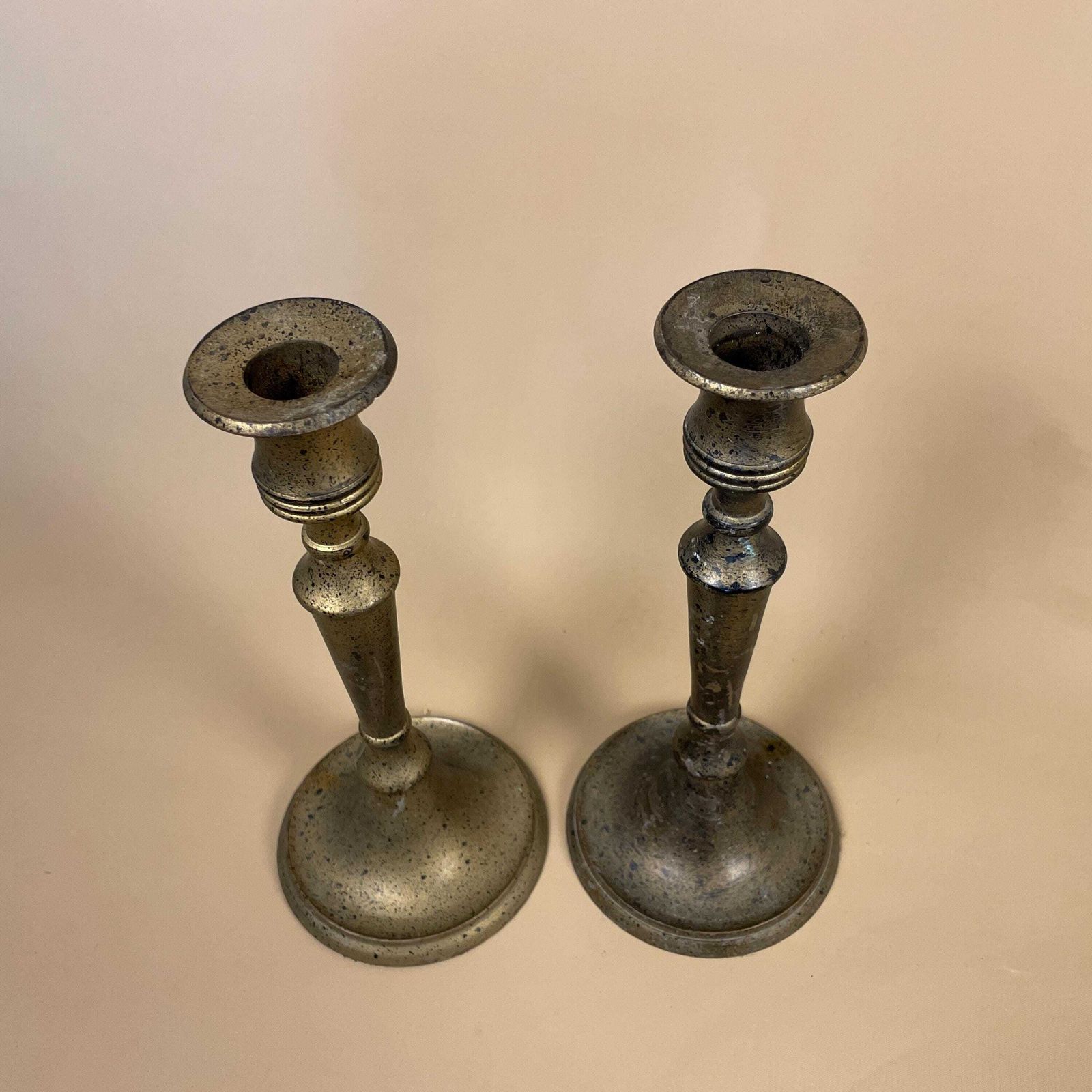 Antique Pair Of Gold Brass Metal Painted Black Speckled Effect Candlestick Candle Stick Vintage Column Taper Dinner Candlesticks Table photo for sale