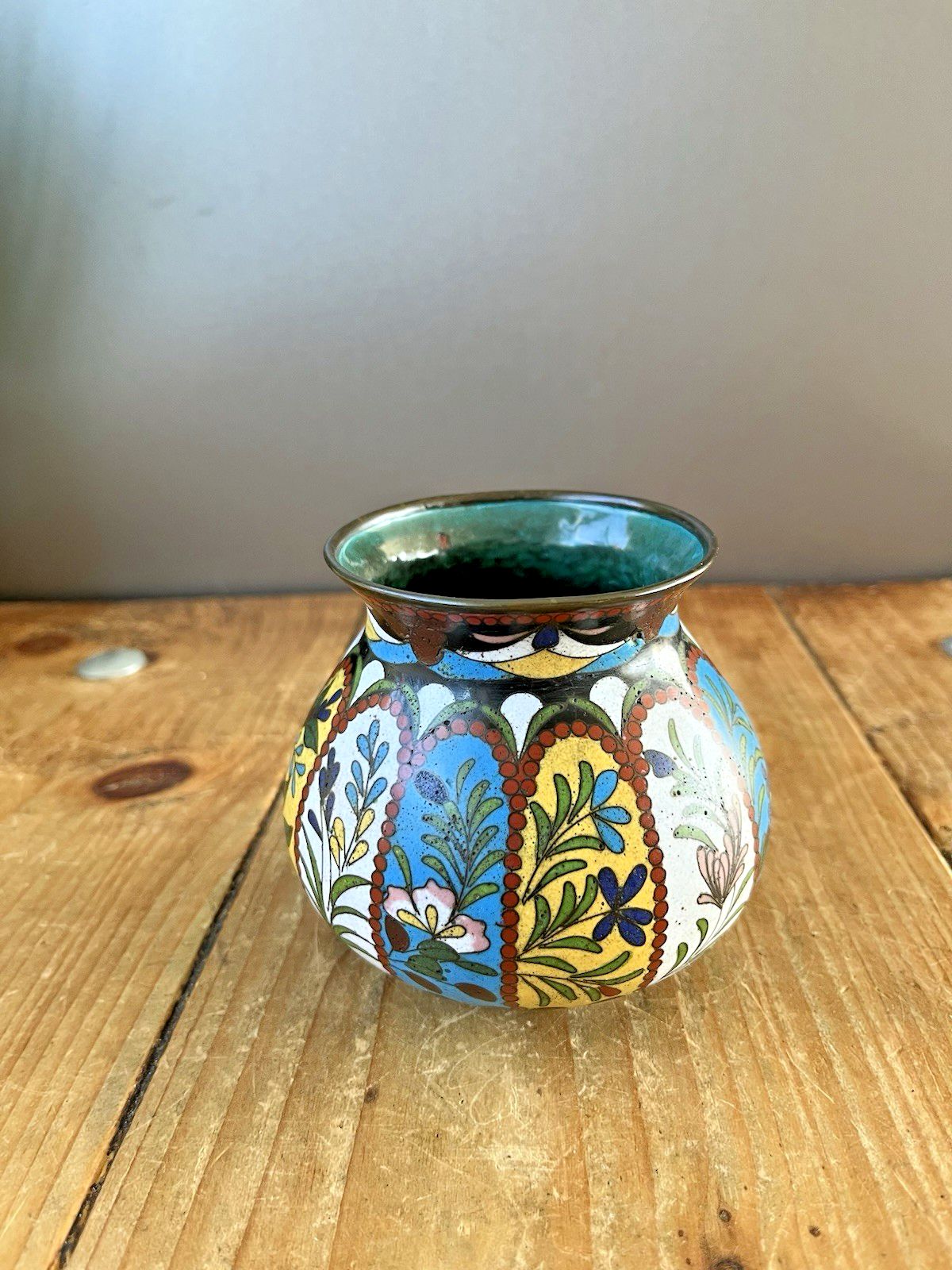 Beautiful Antique Art Deco Cloisonne Enamel Floral Squat Vase Japanese Chinese photo for sale