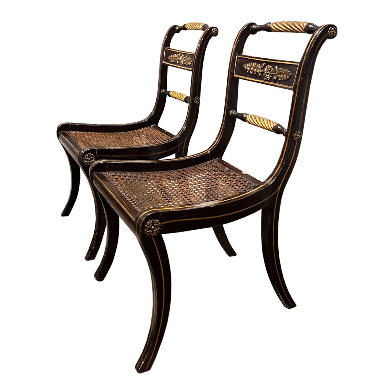 Pair Of Regency Wood And Parcel Gilt Side Chairs With Cane Seats And Loose Cushions