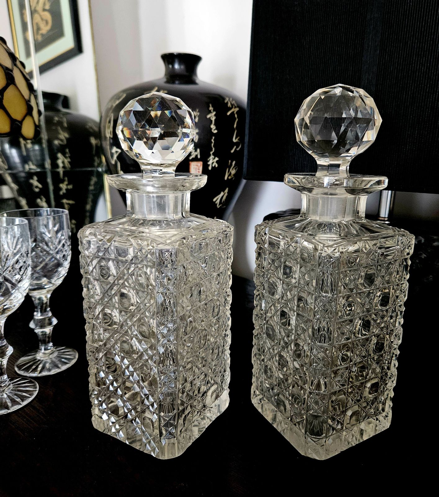 Rare And Exquisite Pair Of Ornate, Antique Crystal Decanters With Ball Stopper photo furniture