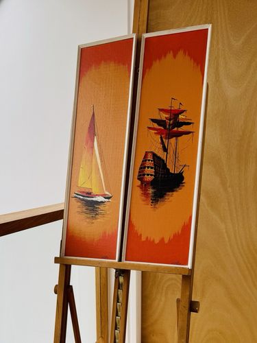 2 Framed Mid Century Paintings Of Boats At Sunset By L. C. Collier