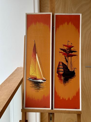 2 Framed Mid Century Paintings Of Boats At Sunset By L. C. Collier photo Art