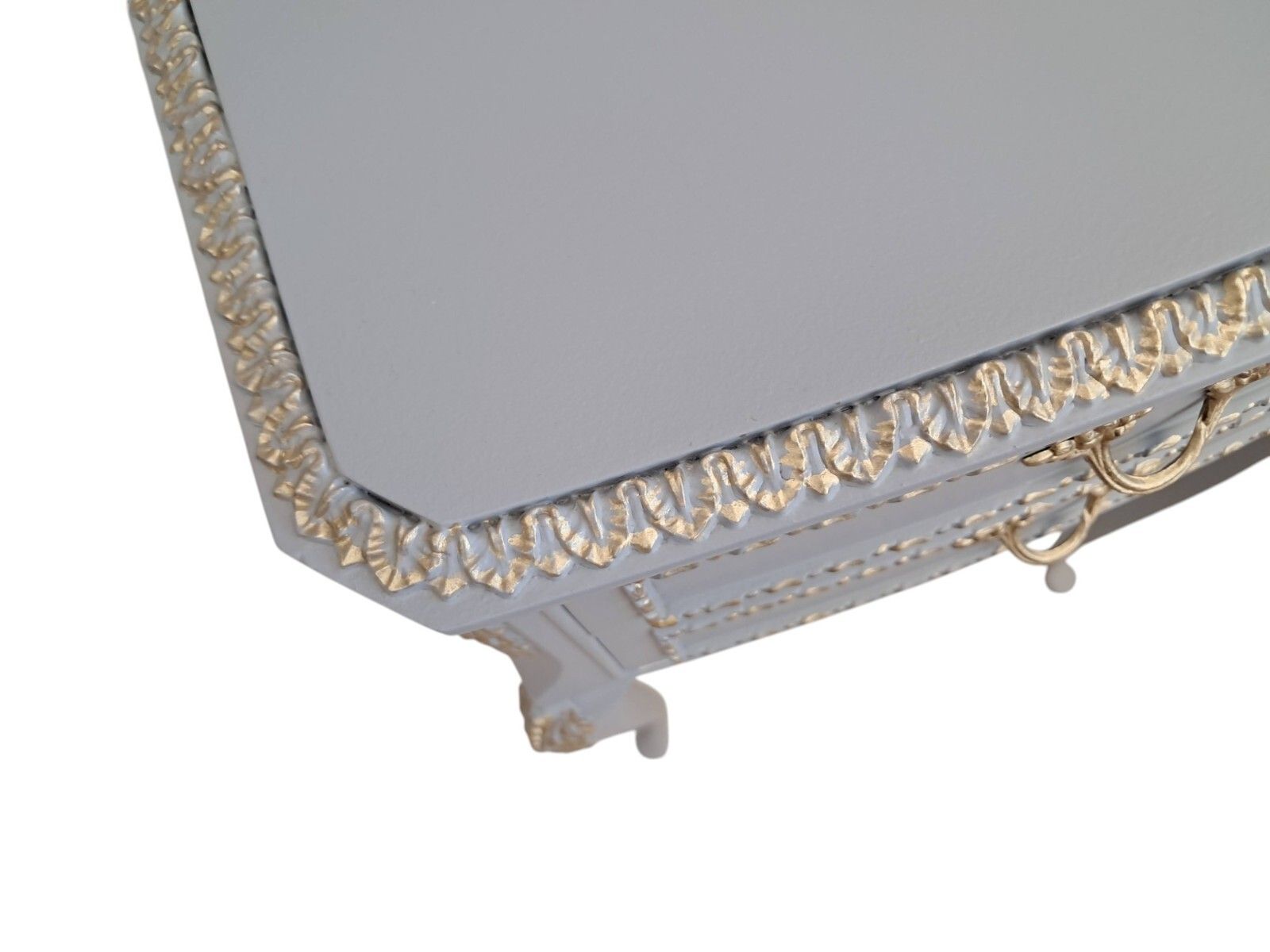 photo buy French Louis XV Chest Of Drawers + Pair Bedside Cabinets Grey Gold Painted