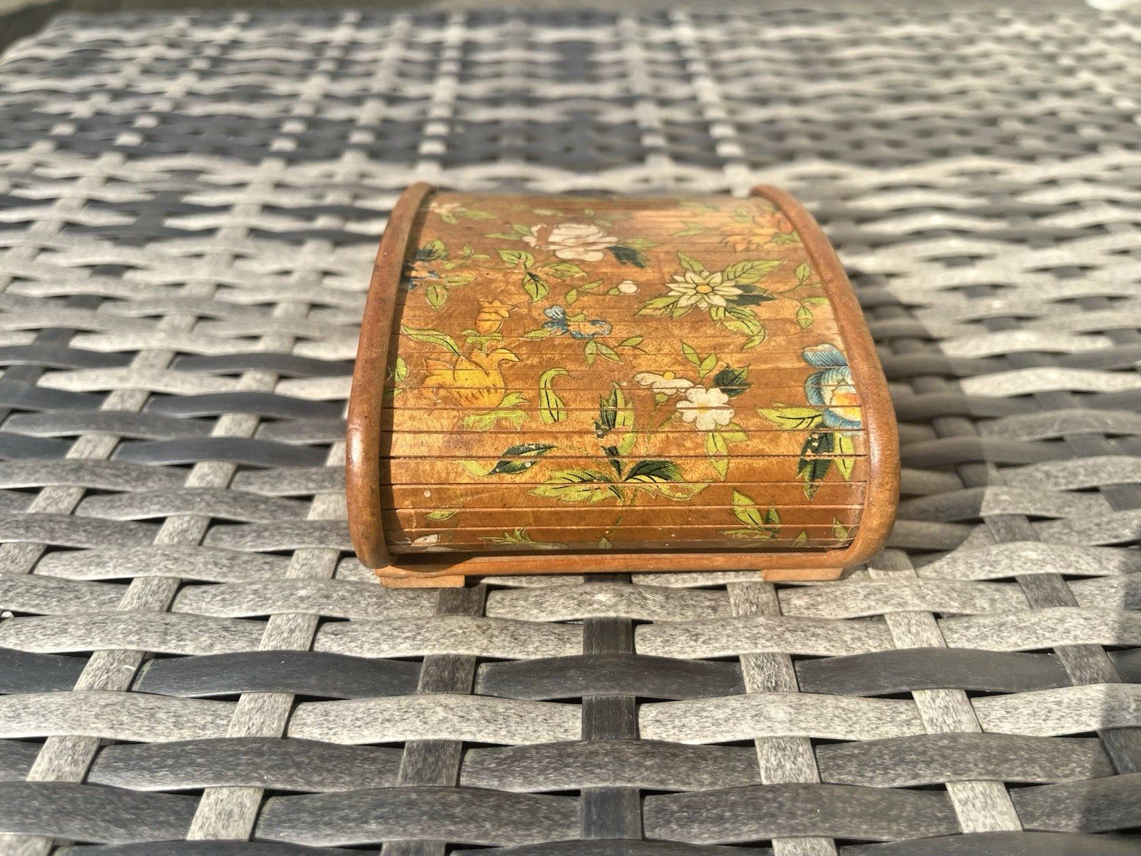 Antique Art Deco Wooden Tambour Rolltop Handpainted Floral Sliding Lid Box Treen photo for sale
