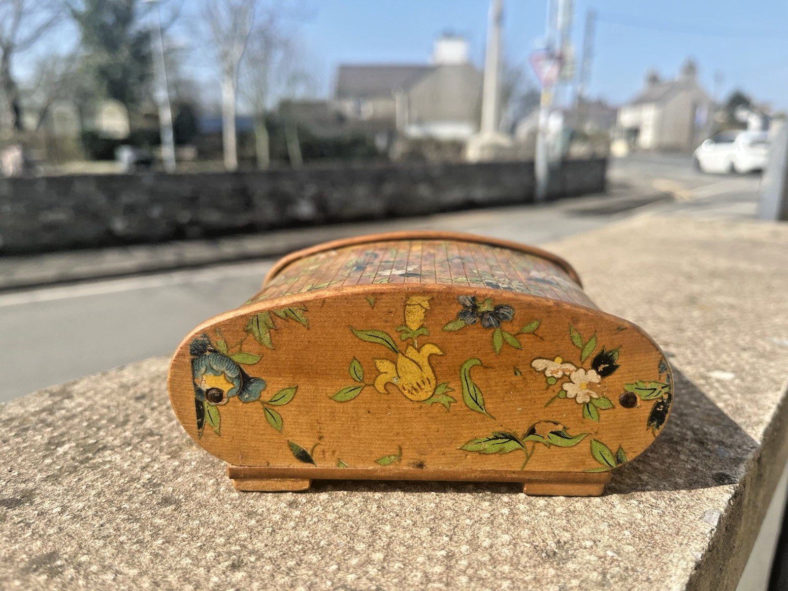Antique Art Deco Wooden Tambour Rolltop Handpainted Floral Sliding Lid Box Treen photo vinterior