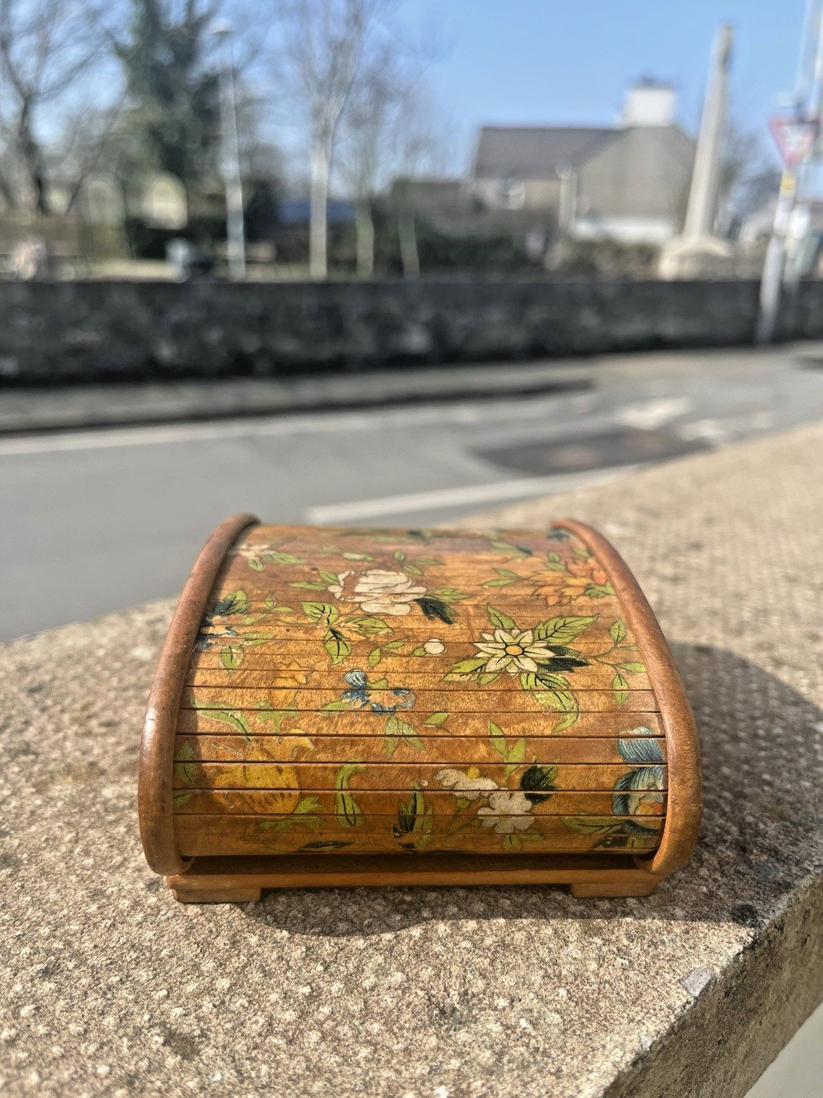 photo for sale Antique Art Deco Wooden Tambour Rolltop Handpainted Floral Sliding Lid Box Treen