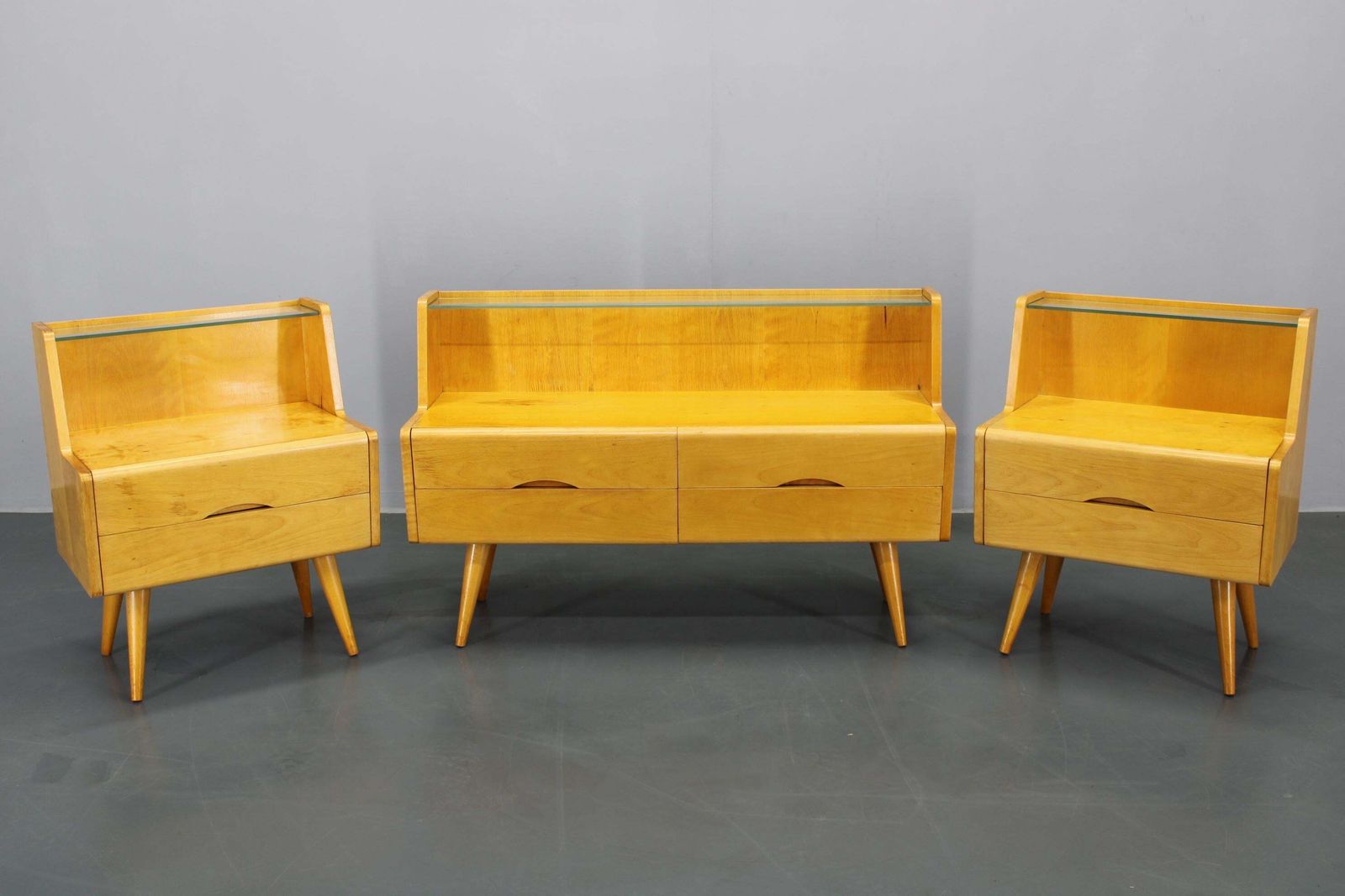 1960s Set Of Night Stands And Chest Of Drawers With Glass Shelf, Czechoslovakia photo furniture