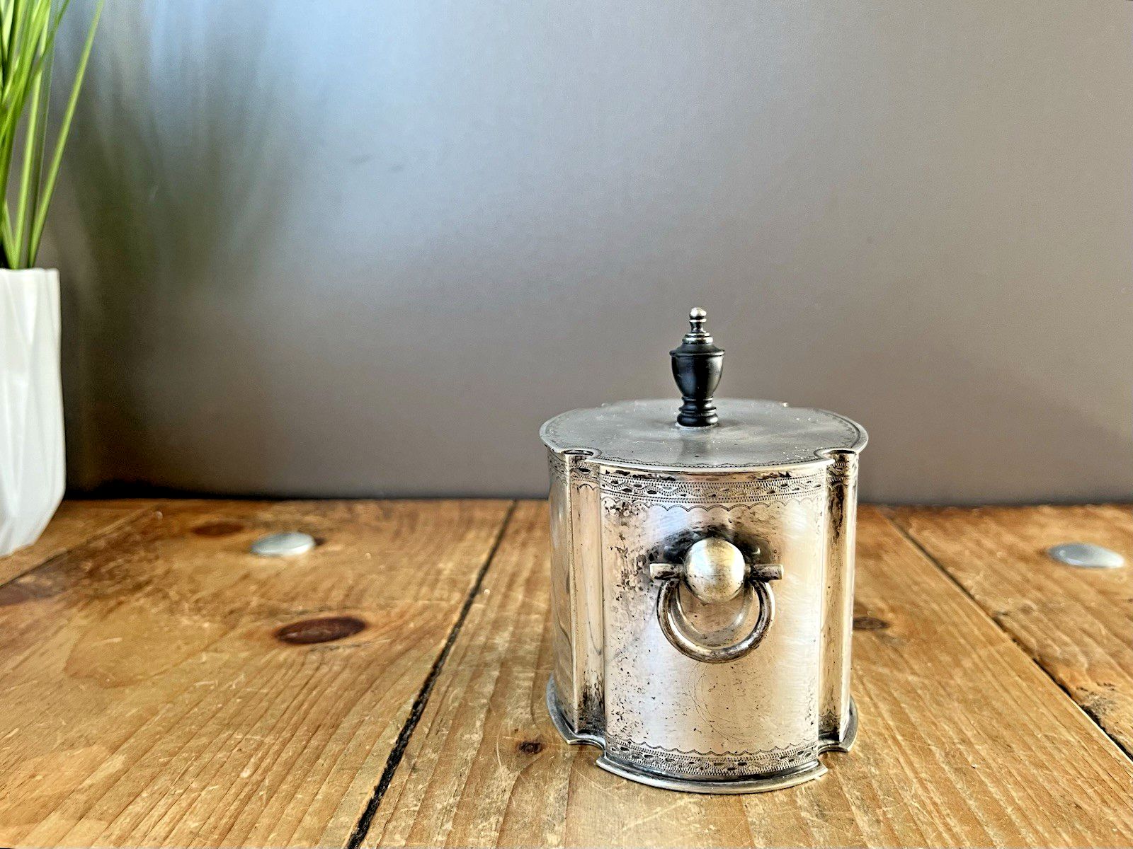 Antique 1880's William Henry Lyde English Epns Tobacco Jar & Tamper Weight Ebony Finial photo for sale