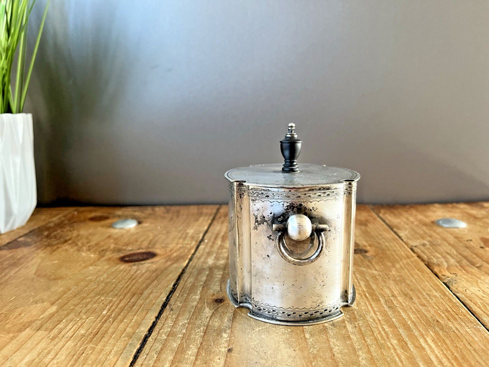 Antique 1880's William Henry Lyde English Epns Tobacco Jar & Tamper Weight Ebony Finial photo 140.0
