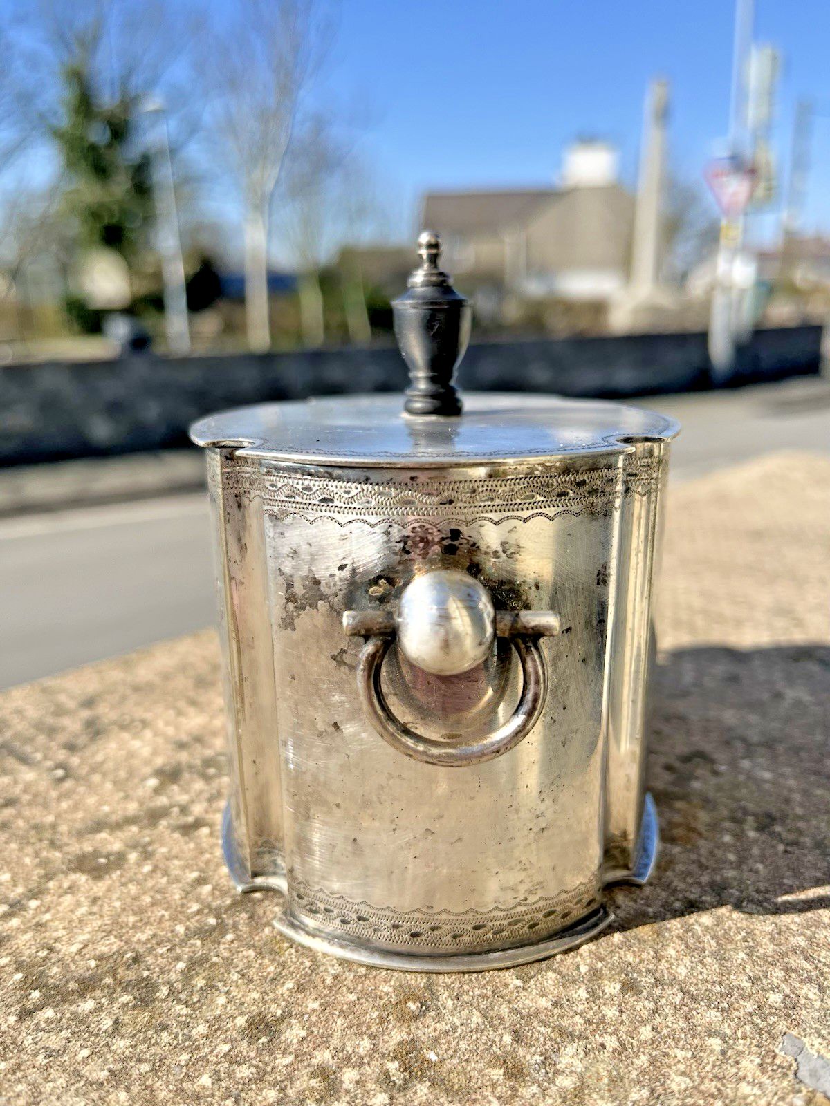 photo furniture Antique 1880's William Henry Lyde English Epns Tobacco Jar & Tamper Weight Ebony Finial