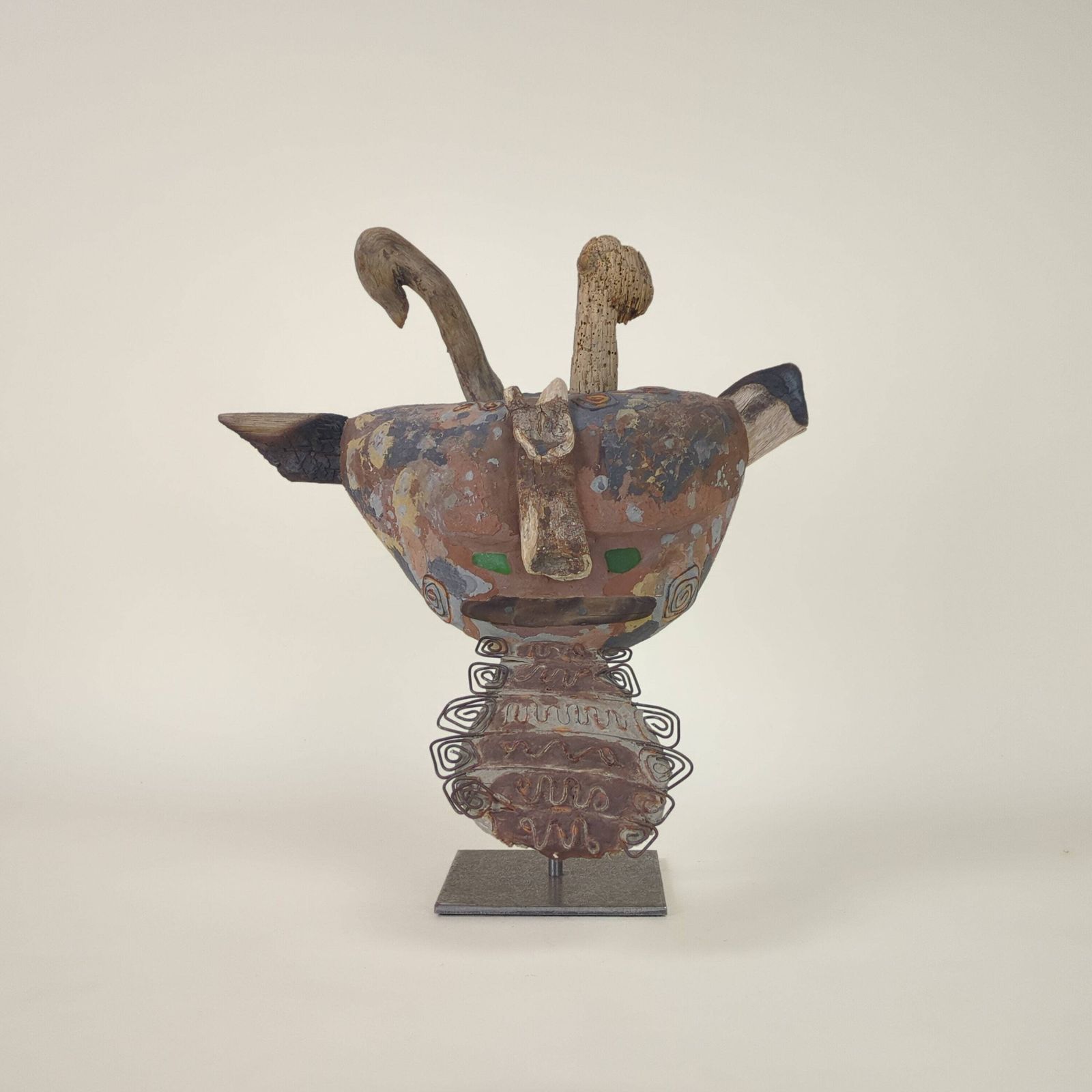 Ntage Abstract Mixed Media Mask Sculpture On Metal Stand   Unique Artistic Home Decor