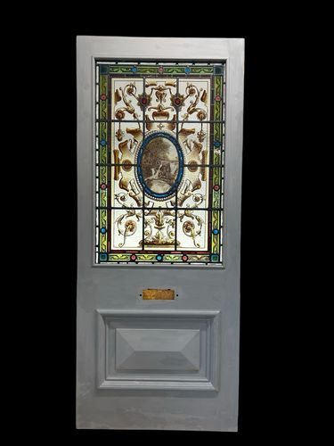 Rare Victorian Hand Painted Stained Glass Front Door Antique Reclaimed Refurb