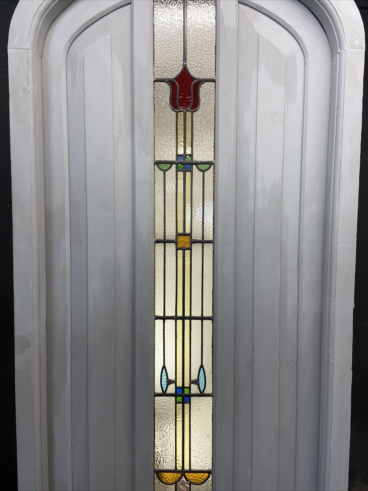 1 Stained Glass Front Door Wooden Reclaimed Old Antique Lead Arched Wood Frame photo for sale