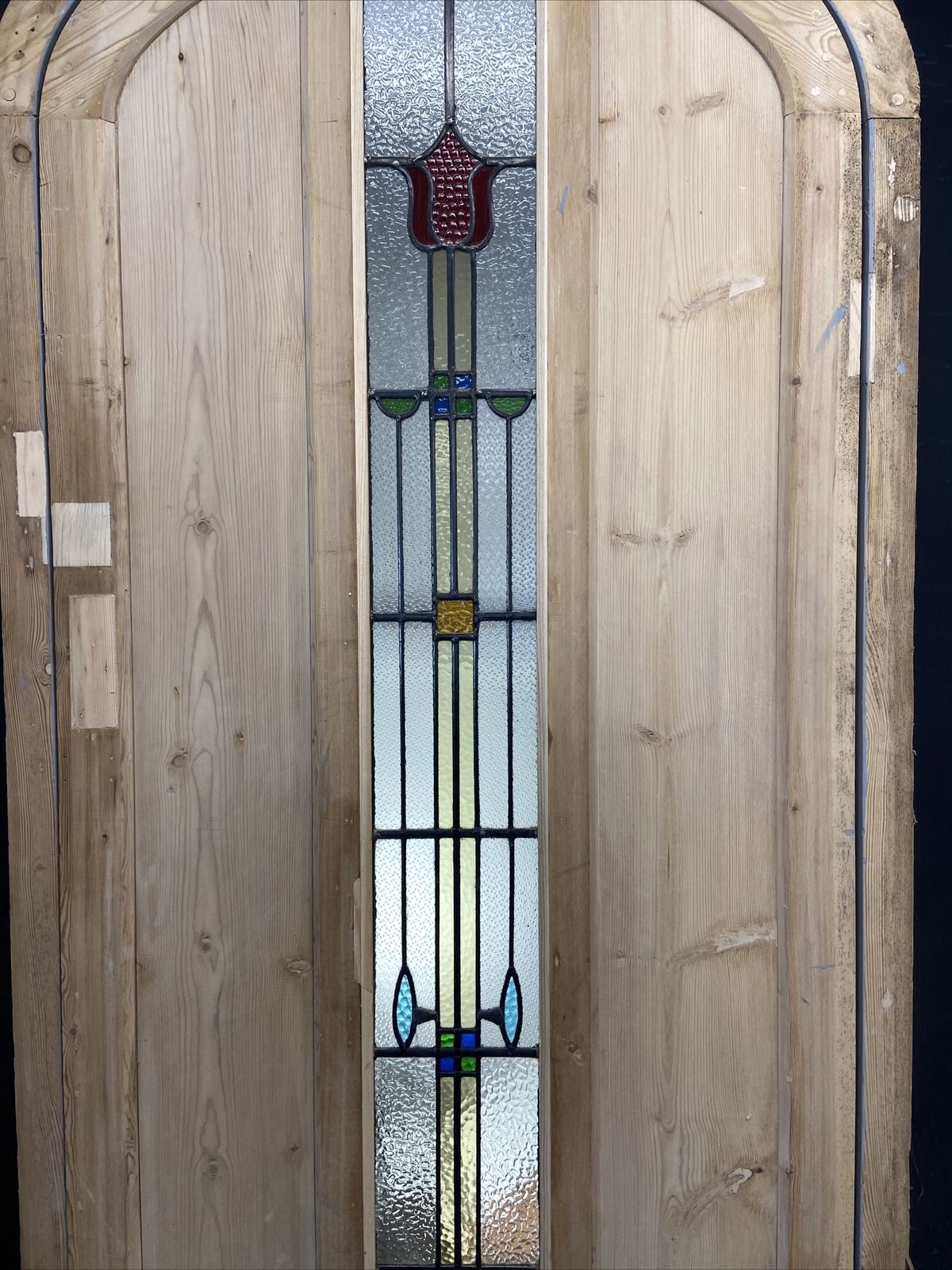 photo for sale 1 Stained Glass Front Door Wooden Reclaimed Old Antique Lead Arched Wood Frame