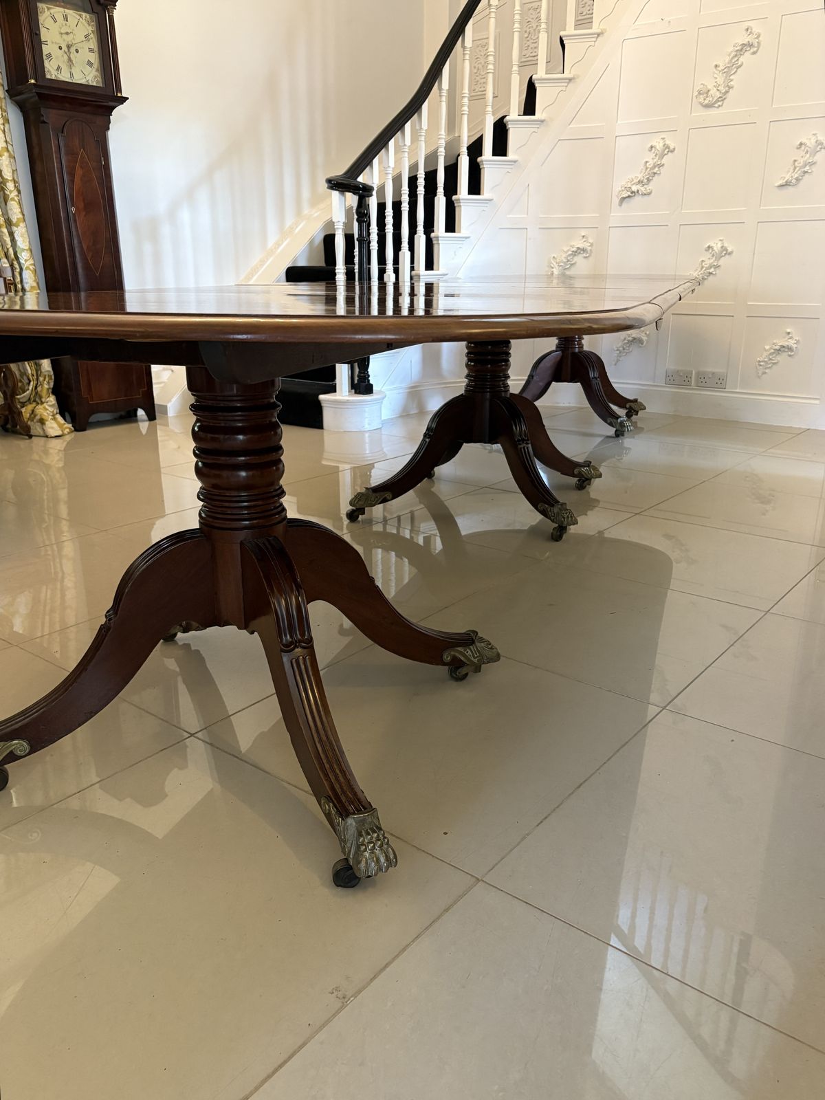 Furniture Magnificent Quality Antique 19th Century 16 Seater Figured Mahogany 3 Pilar Dining Table 72 X 122 X 409 Cm photo