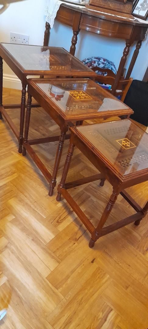Nest Of 3 Pakistani Marquetry Carved Fretwork Wooden Side Coffee Lamp Tables Glass Top photo buy