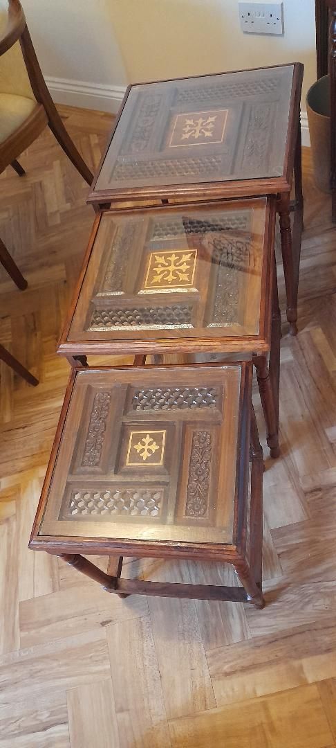 Nest Of 3 Pakistani Marquetry Carved Fretwork Wooden Side Coffee Lamp Tables Glass Top photo vintage