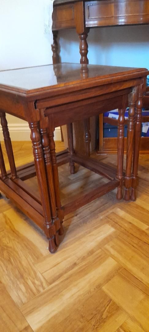 photo for sale Nest Of 3 Pakistani Marquetry Carved Fretwork Wooden Side Coffee Lamp Tables Glass Top