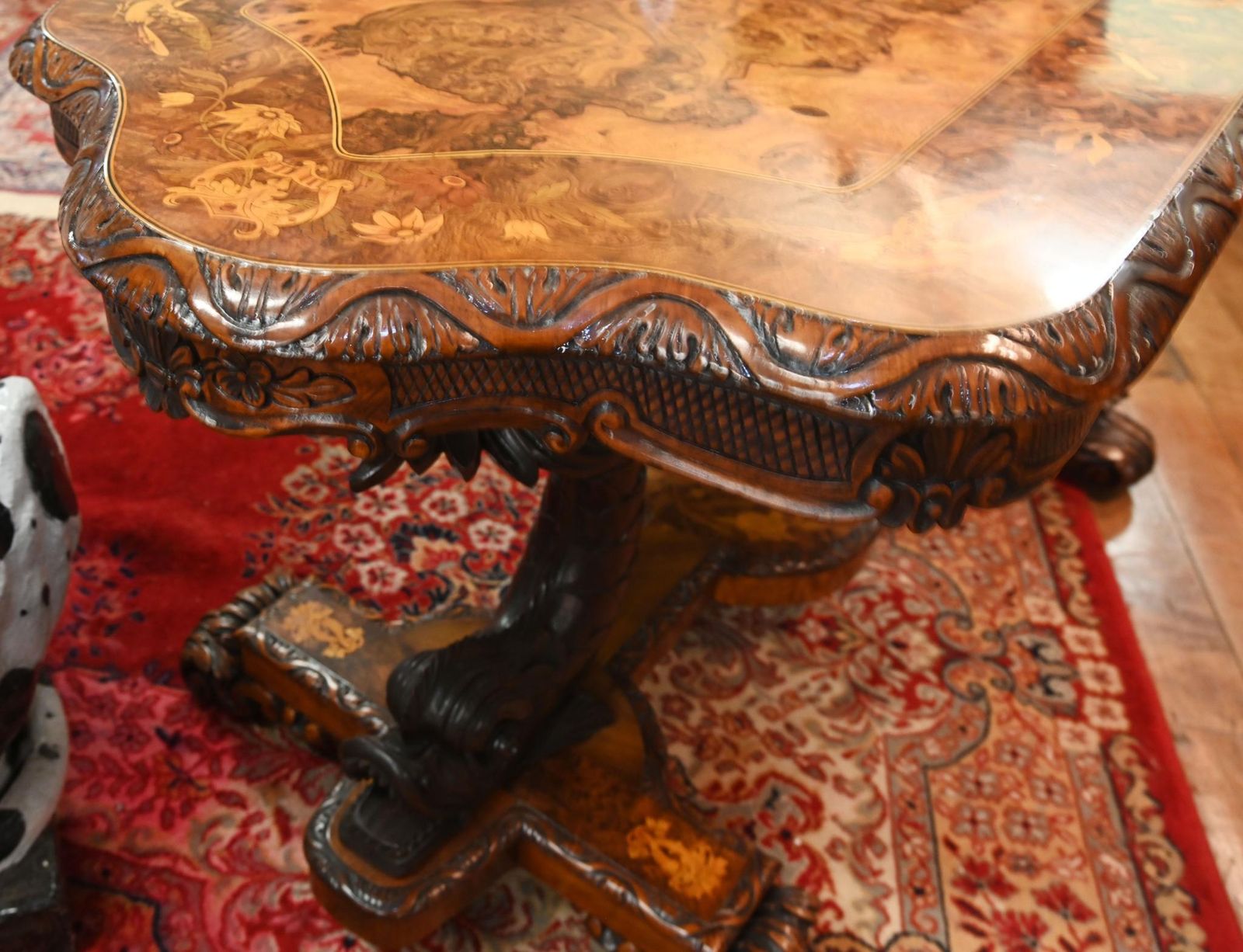 Carved Italian Hall Table Walnut Inlay Sea Serpent Base 1860 photo furniture