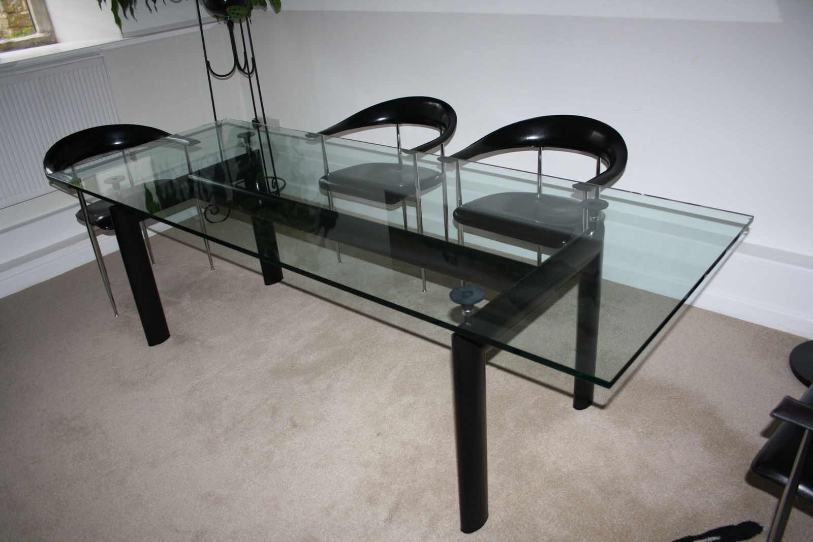 Le Corbusier Lc6 Table With Matte Black Enamelled Steel Base And Natural Glass Top
