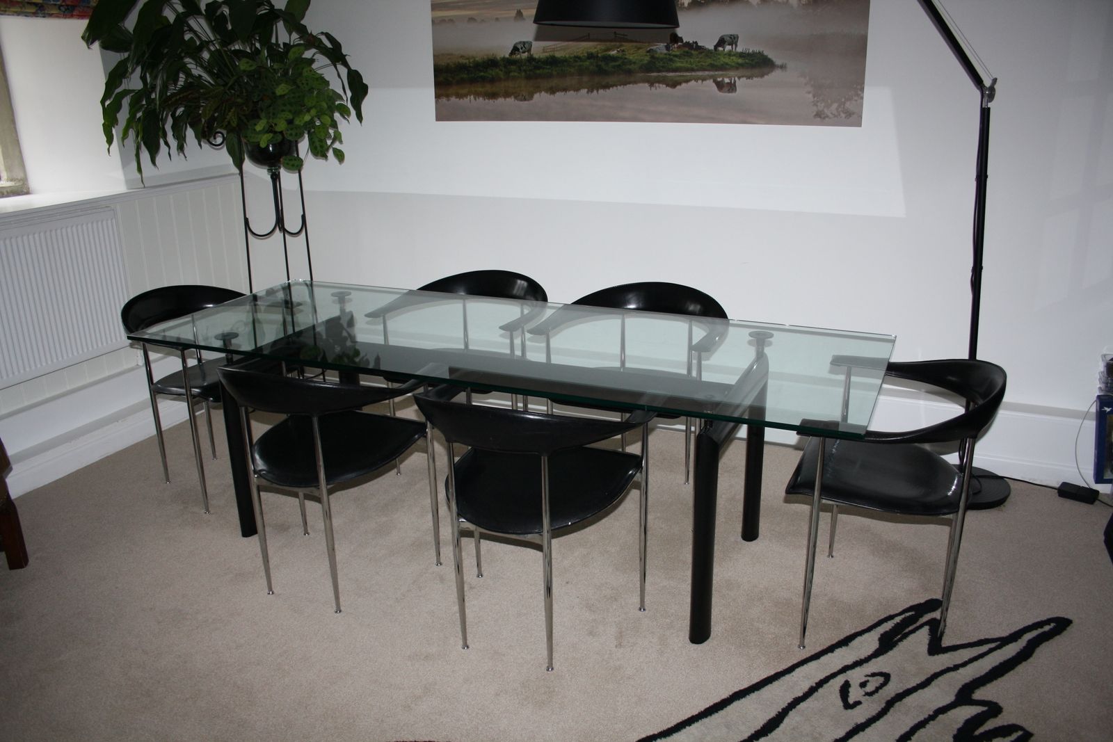 Le Corbusier Lc6 Table With Matte Black Enamelled Steel Base And Natural Glass Top photo vintage