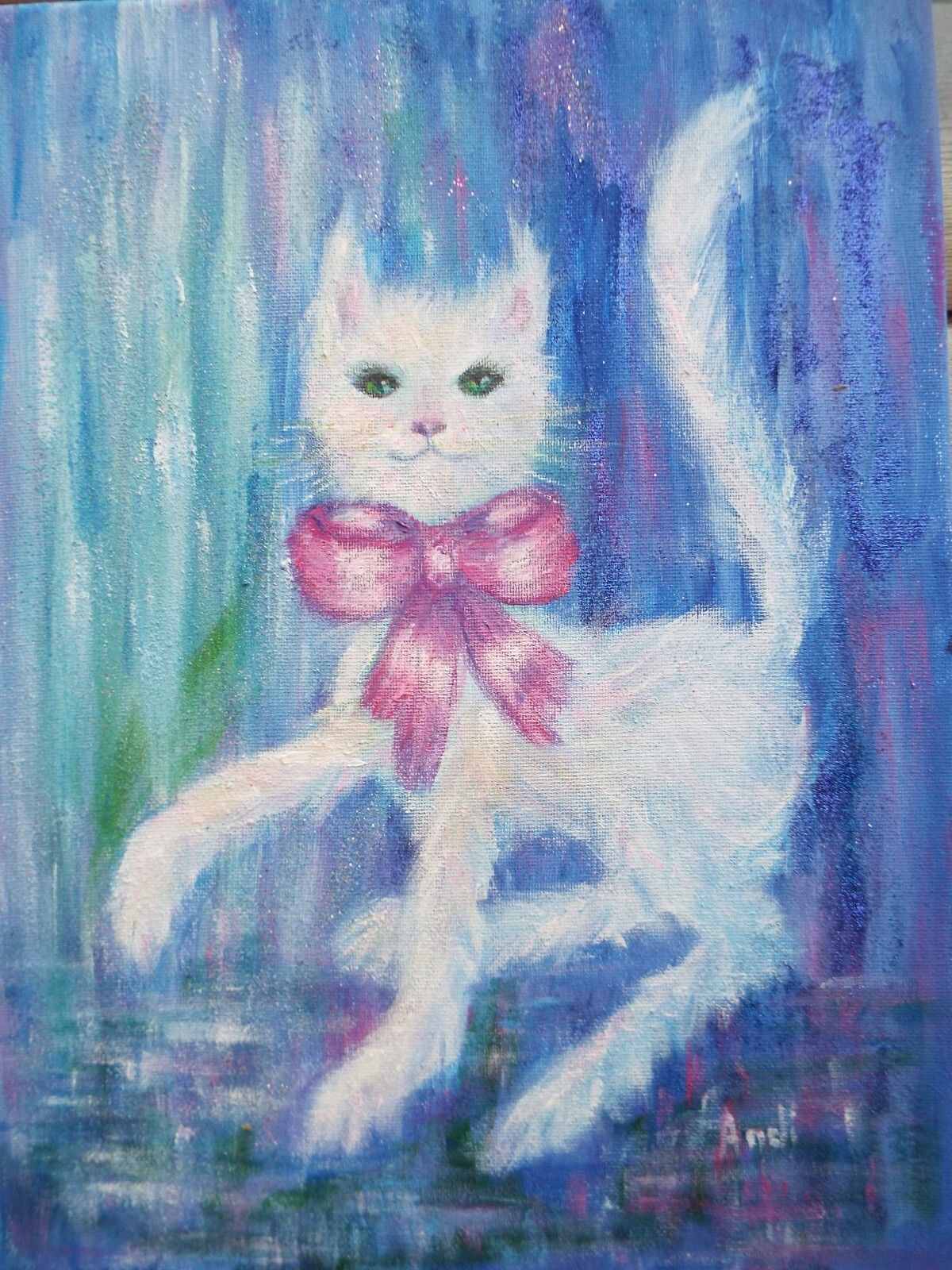 Original Painting Whimsical White Cat Illustration Andi J Lucas photo furniture