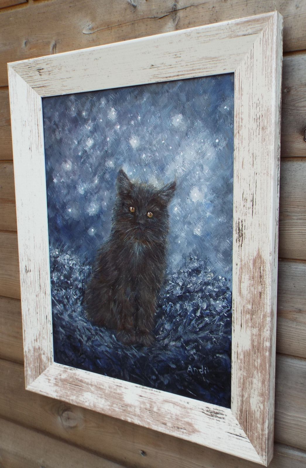 Black Cat Kitten In Starlight Starlit Night Original Painting Andi J Lucas photo Art