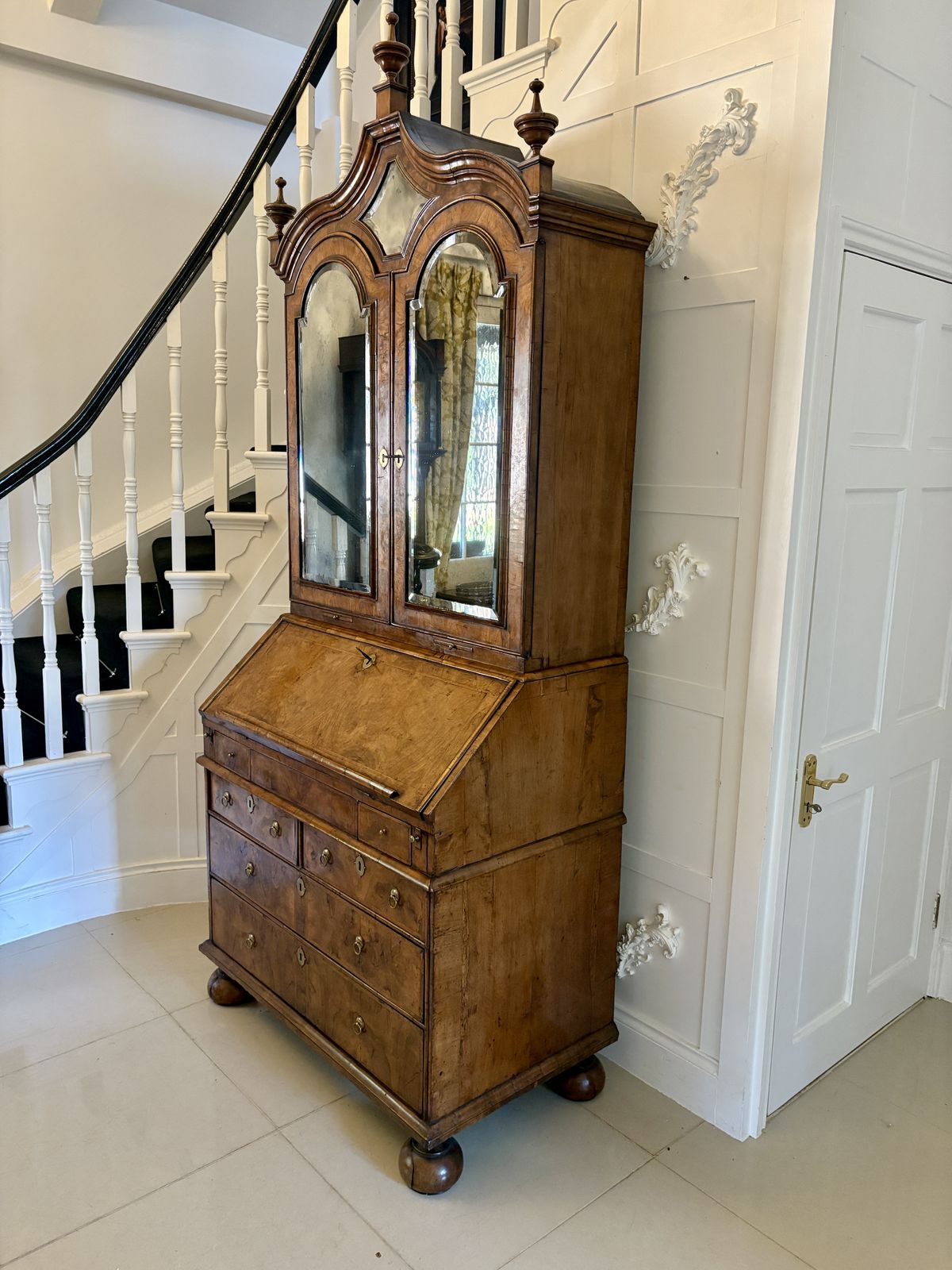 Antique Queen Anne Fantastic Quality Burr Walnut And Featherbanded Bureau Bookcase photo buy