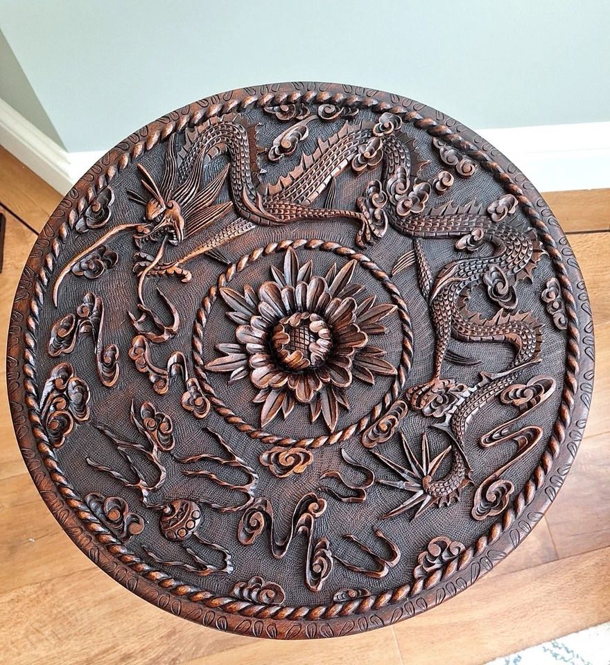Antique Asian Chinese Hand Carved Pedestal Side Table, Dragons In Clouds C1900 photo for sale
