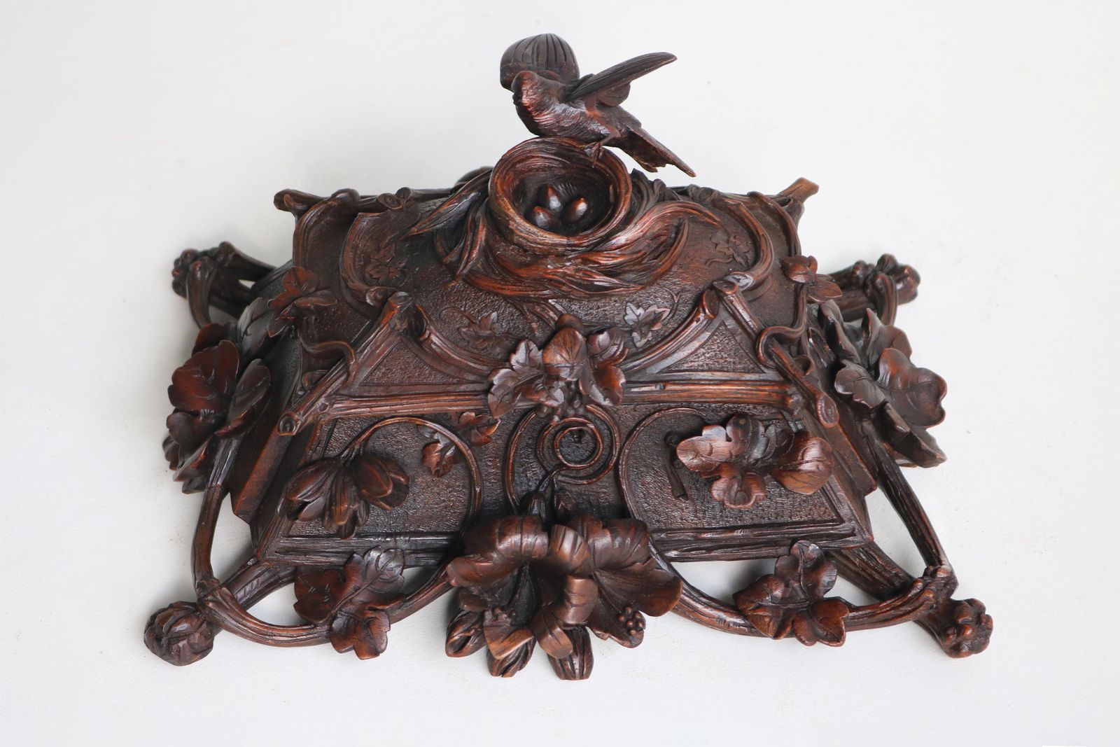 Exquisite Openly Carved 19th Century Swiss Black Forest Jewelry Box Walnut Bird photo for sale