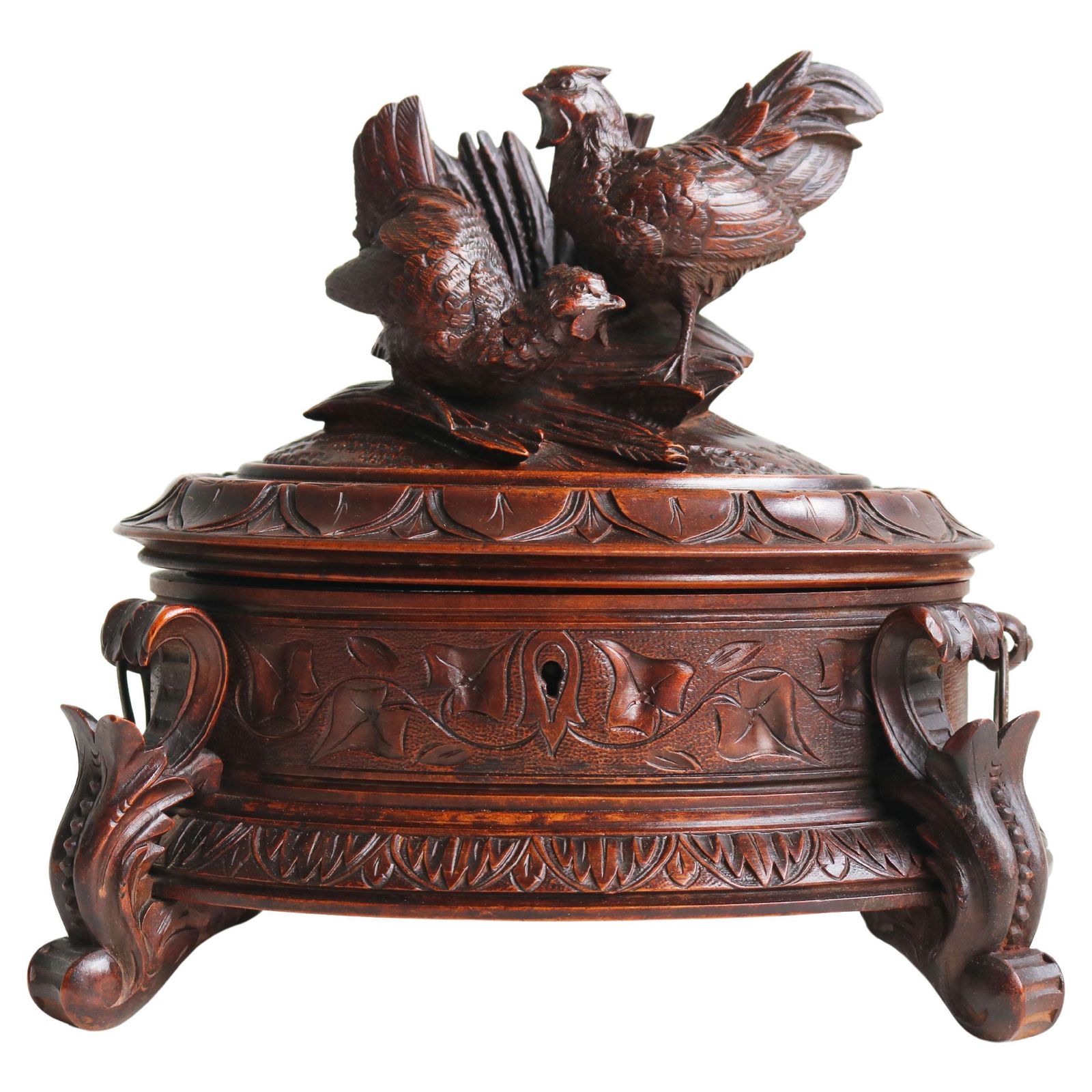 Oval Jewelry Box Carved Walnut Swiss 19th Century Black Forest